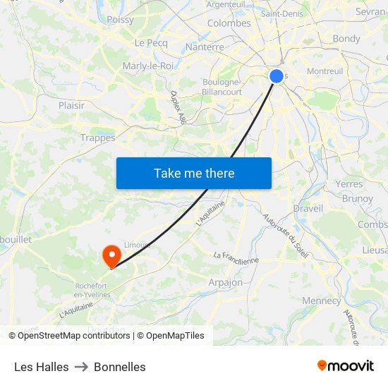 Les Halles to Bonnelles map