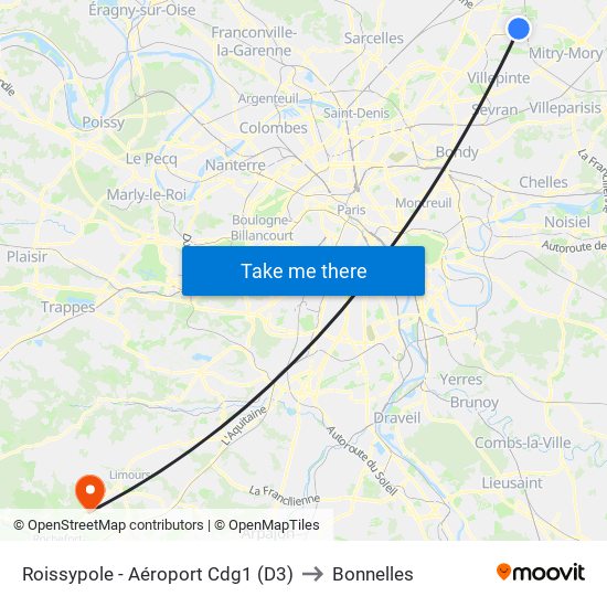 Roissypole - Aéroport Cdg1 (D3) to Bonnelles map
