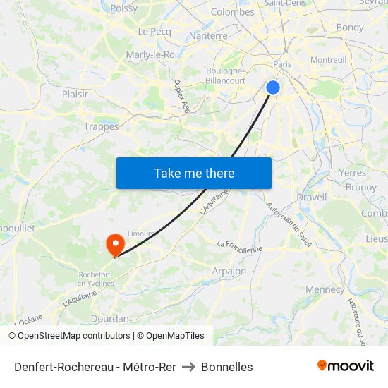 Denfert-Rochereau - Métro-Rer to Bonnelles map