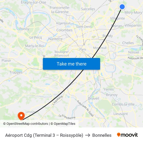 Aéroport Cdg (Terminal 3 – Roissypôle) to Bonnelles map