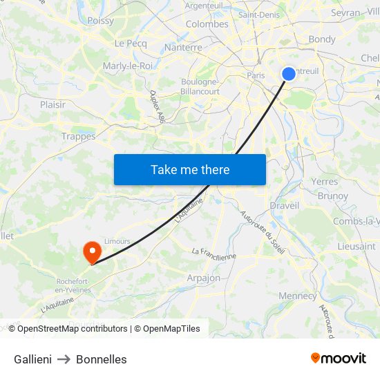 Gallieni to Bonnelles map