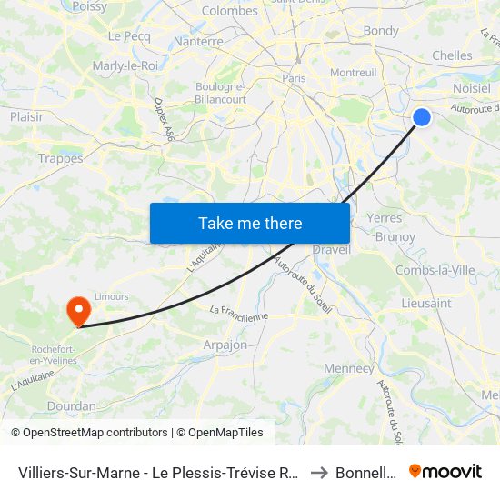 Villiers-Sur-Marne - Le Plessis-Trévise RER to Bonnelles map