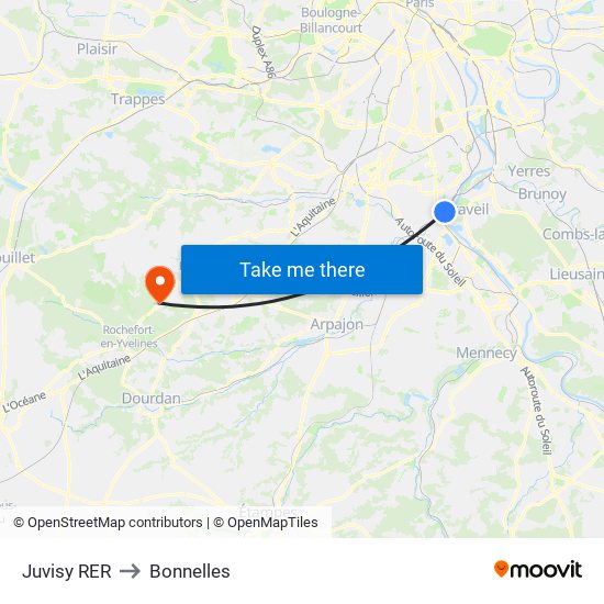 Juvisy RER to Bonnelles map