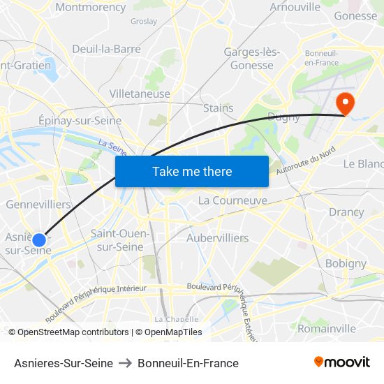 Asnieres-Sur-Seine to Bonneuil-En-France map