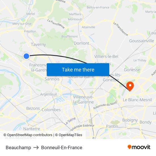 Beauchamp to Bonneuil-En-France map