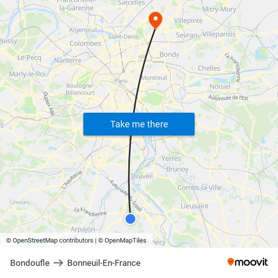 Bondoufle to Bonneuil-En-France map