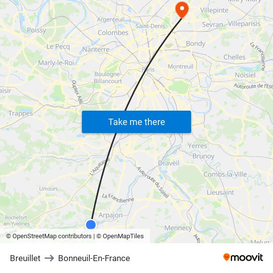 Breuillet to Bonneuil-En-France map