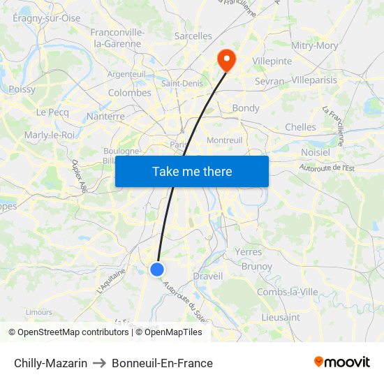 Chilly-Mazarin to Bonneuil-En-France map