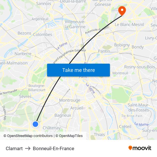 Clamart to Bonneuil-En-France map