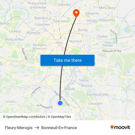 Fleury-Merogis to Bonneuil-En-France map