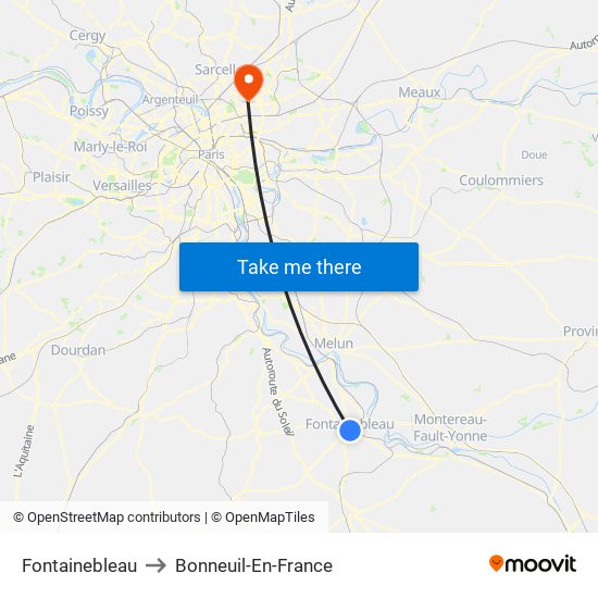 Fontainebleau to Bonneuil-En-France map