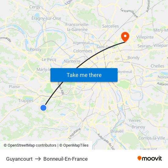 Guyancourt to Bonneuil-En-France map