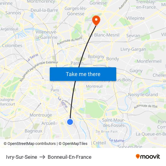 Ivry-Sur-Seine to Bonneuil-En-France map