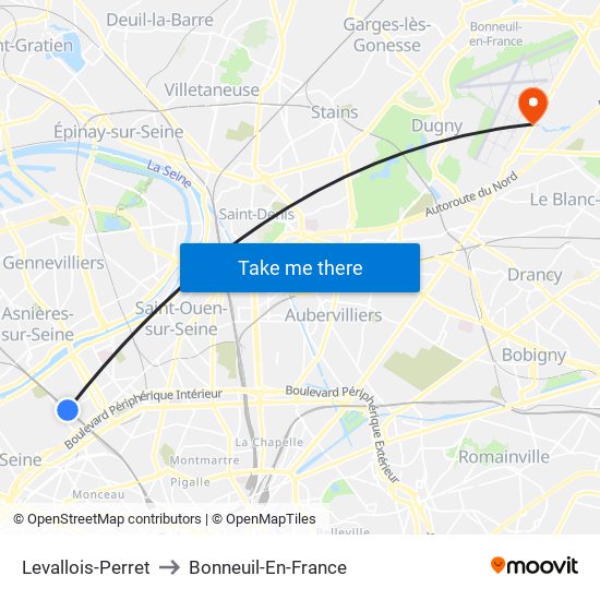 Levallois-Perret to Bonneuil-En-France map