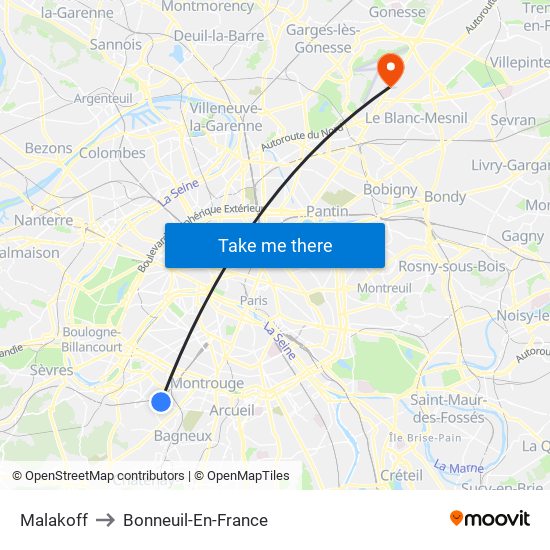 Malakoff to Bonneuil-En-France map