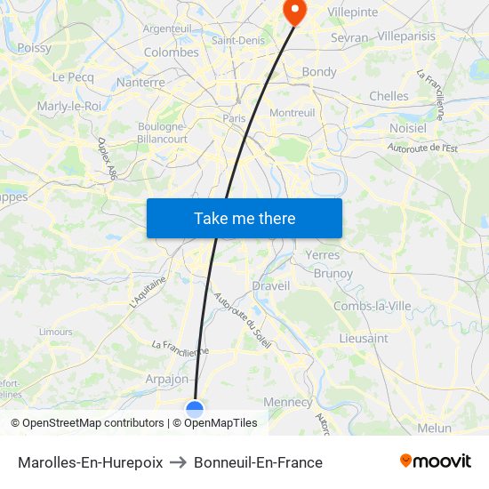 Marolles-En-Hurepoix to Bonneuil-En-France map