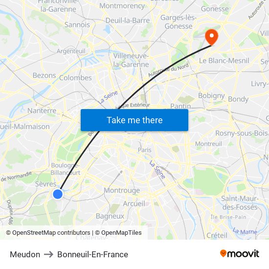 Meudon to Bonneuil-En-France map