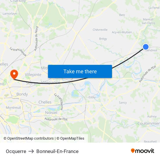 Ocquerre to Bonneuil-En-France map