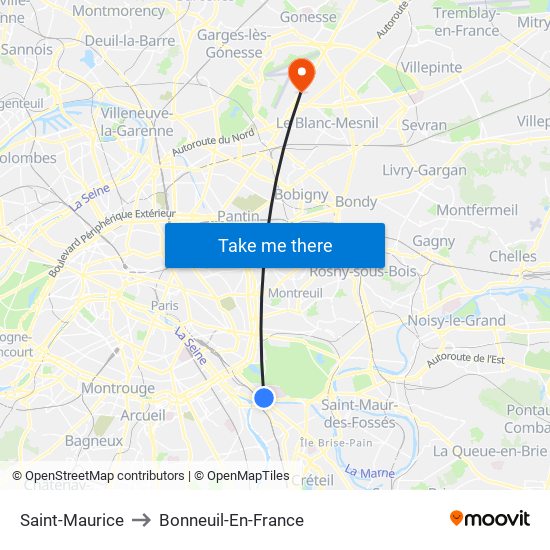 Saint-Maurice to Bonneuil-En-France map