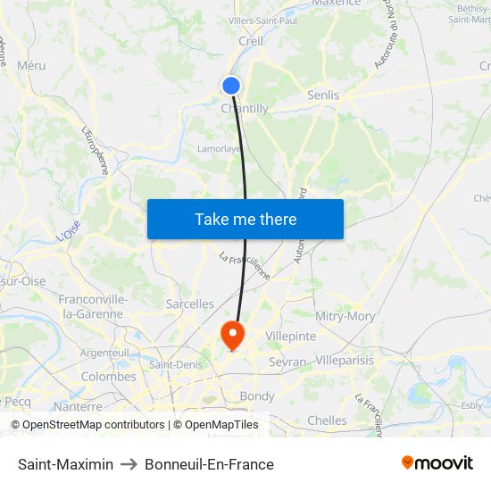 Saint-Maximin to Bonneuil-En-France map