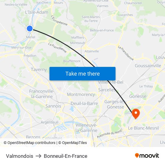 Valmondois to Bonneuil-En-France map