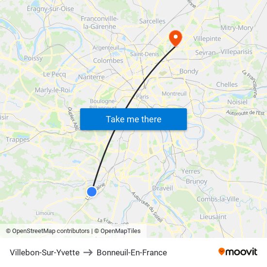 Villebon-Sur-Yvette to Bonneuil-En-France map