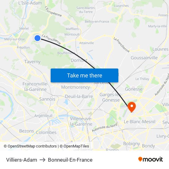 Villiers-Adam to Bonneuil-En-France map