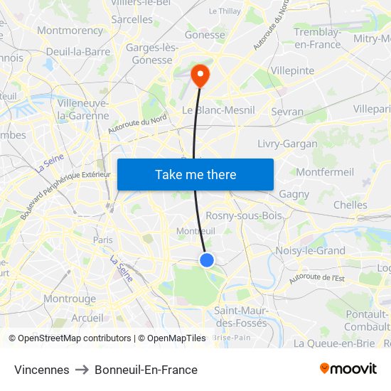 Vincennes to Bonneuil-En-France map