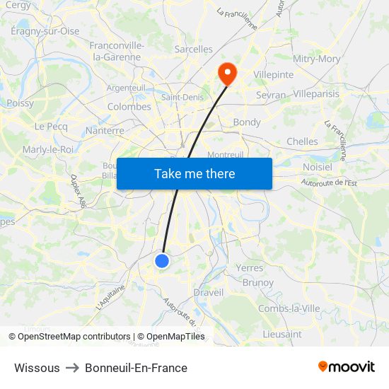 Wissous to Bonneuil-En-France map