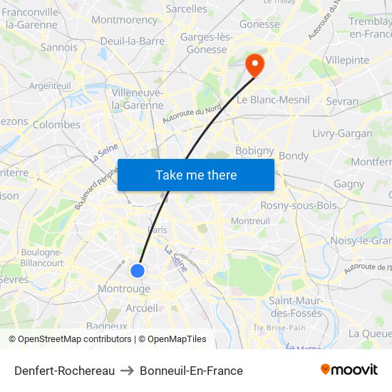 Denfert-Rochereau to Bonneuil-En-France map