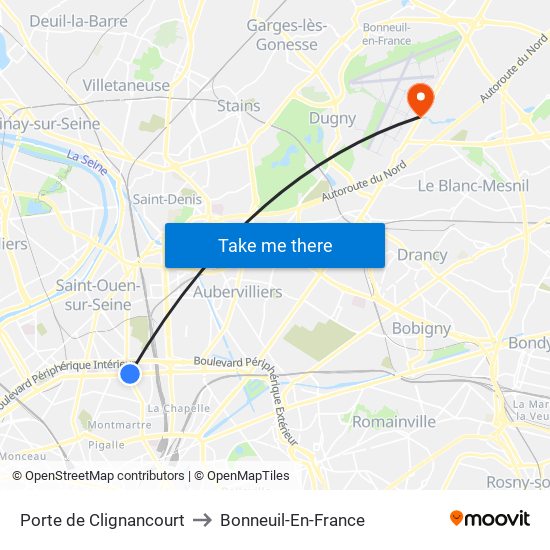 Porte de Clignancourt to Bonneuil-En-France map
