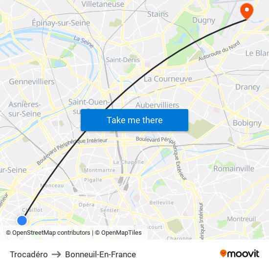 Trocadéro to Bonneuil-En-France map