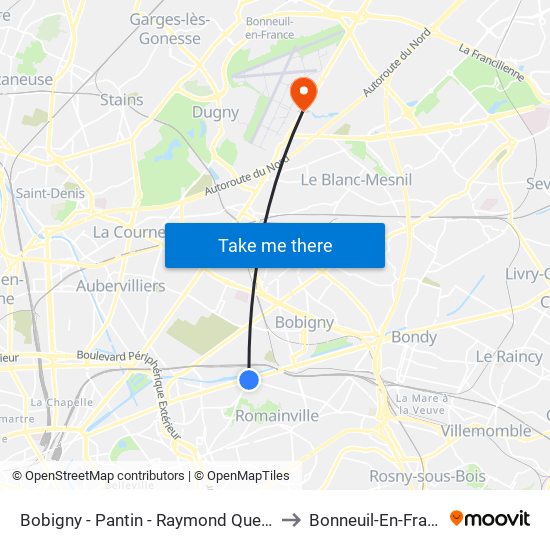 Bobigny - Pantin - Raymond Queneau to Bonneuil-En-France map