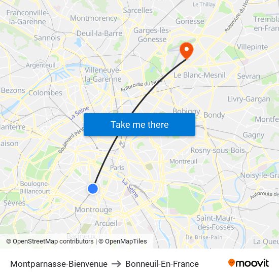 Montparnasse-Bienvenue to Bonneuil-En-France map