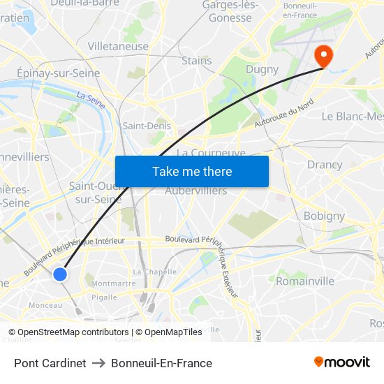 Pont Cardinet to Bonneuil-En-France map