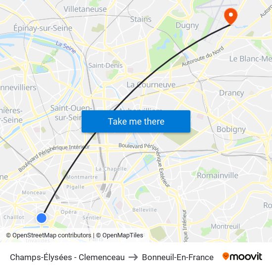 Champs-Élysées - Clemenceau to Bonneuil-En-France map