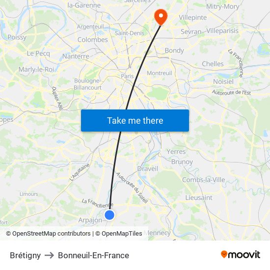 Brétigny to Bonneuil-En-France map
