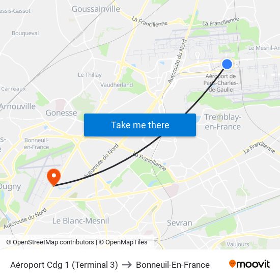 Aéroport Cdg 1 (Terminal 3) to Bonneuil-En-France map
