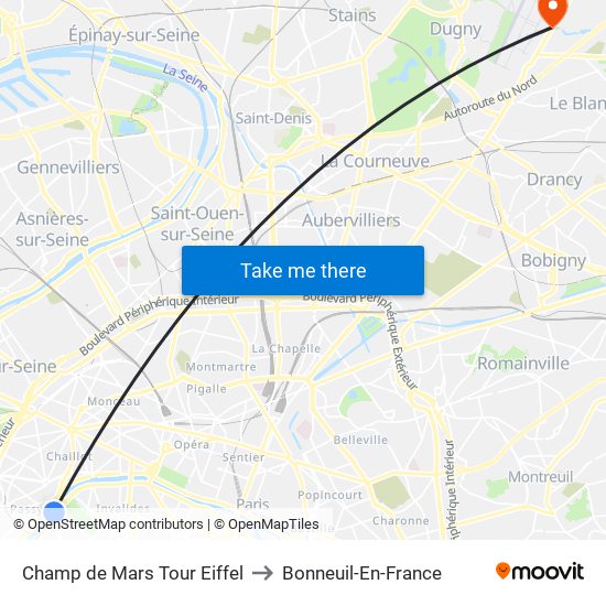 Champ de Mars Tour Eiffel to Bonneuil-En-France map