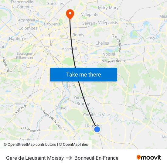 Gare de Lieusaint Moissy to Bonneuil-En-France map