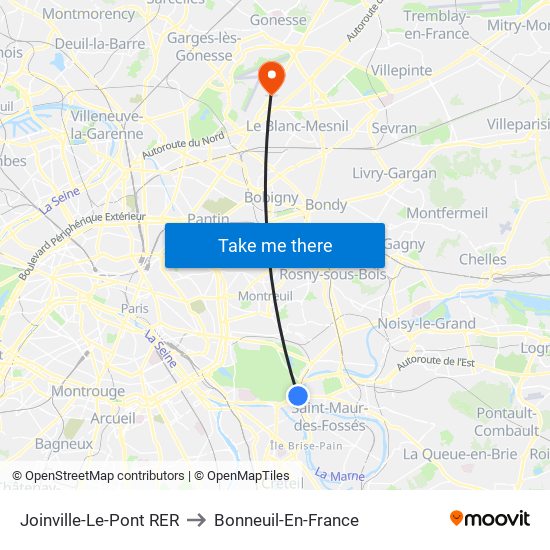 Joinville-Le-Pont RER to Bonneuil-En-France map