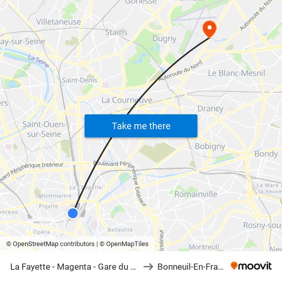 La Fayette - Magenta - Gare du Nord to Bonneuil-En-France map