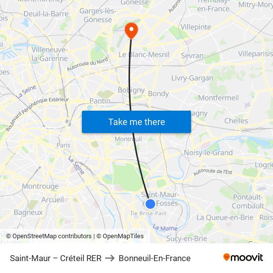 Saint-Maur – Créteil RER to Bonneuil-En-France map