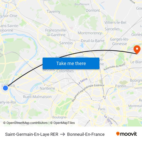 Saint-Germain-En-Laye RER to Bonneuil-En-France map