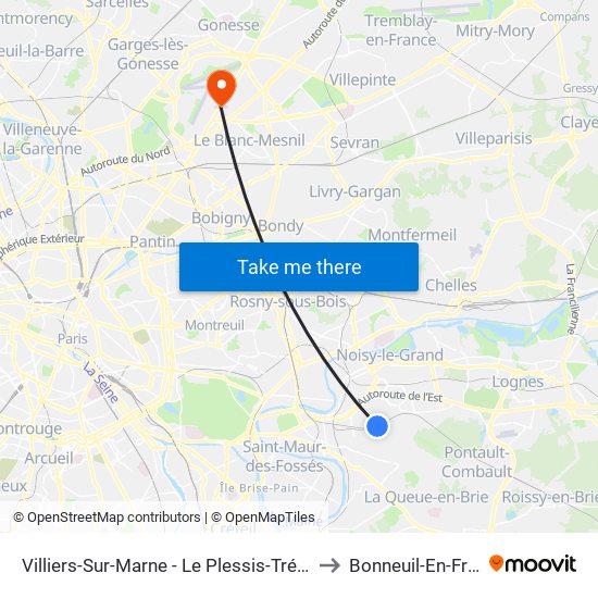 Villiers-Sur-Marne - Le Plessis-Trévise RER to Bonneuil-En-France map