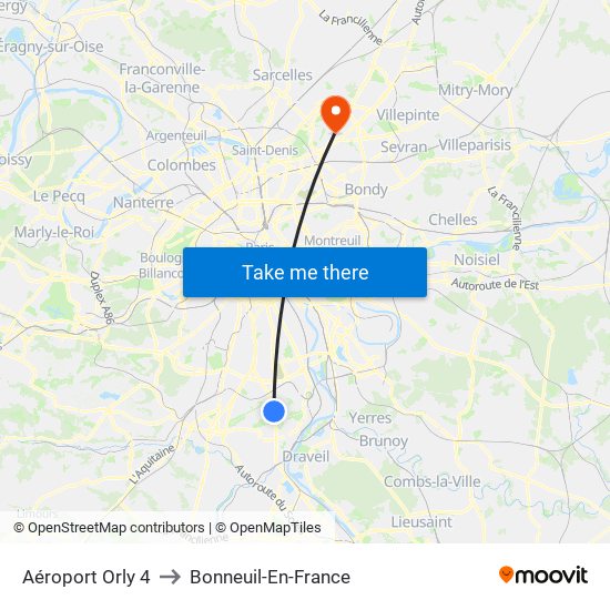 Aéroport Orly 4 to Bonneuil-En-France map