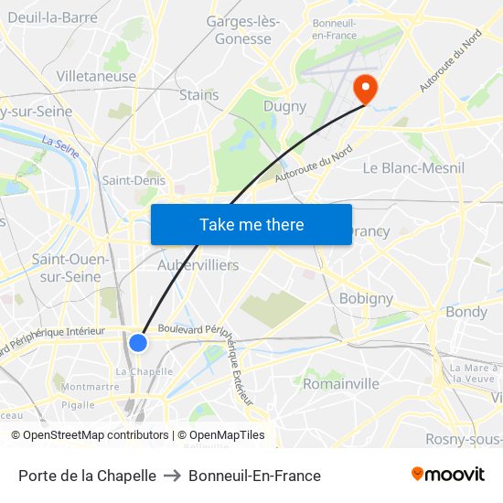 Porte de la Chapelle to Bonneuil-En-France map