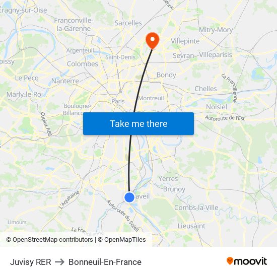 Juvisy RER to Bonneuil-En-France map