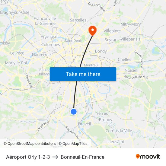 Aéroport Orly 1-2-3 to Bonneuil-En-France map