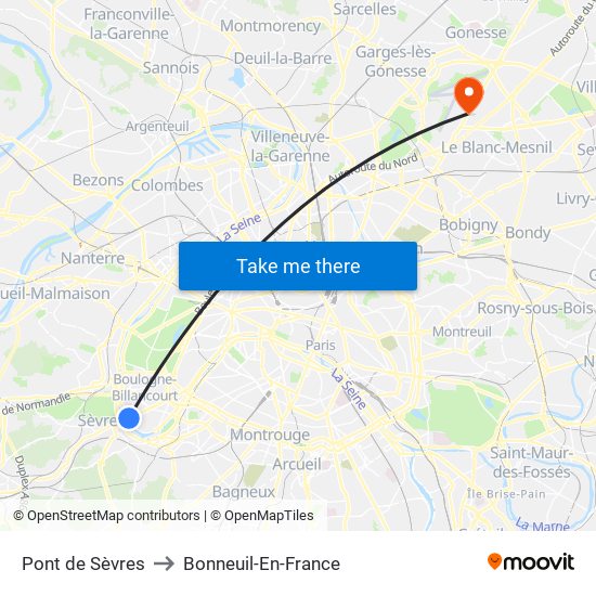 Pont de Sèvres to Bonneuil-En-France map